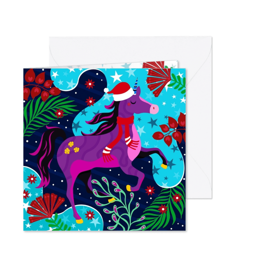 Hippe kerstkaart met unicorn - Kaartimpressie