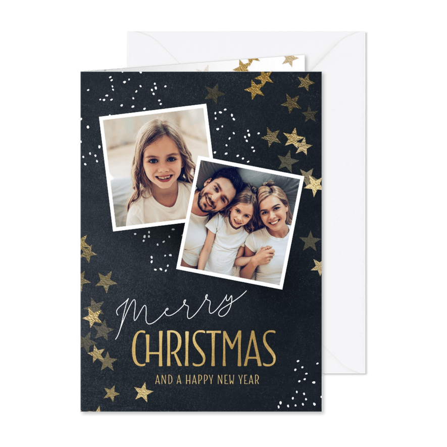 Hippe kerstkaart sterren en 2 fotos - Kaartimpressie