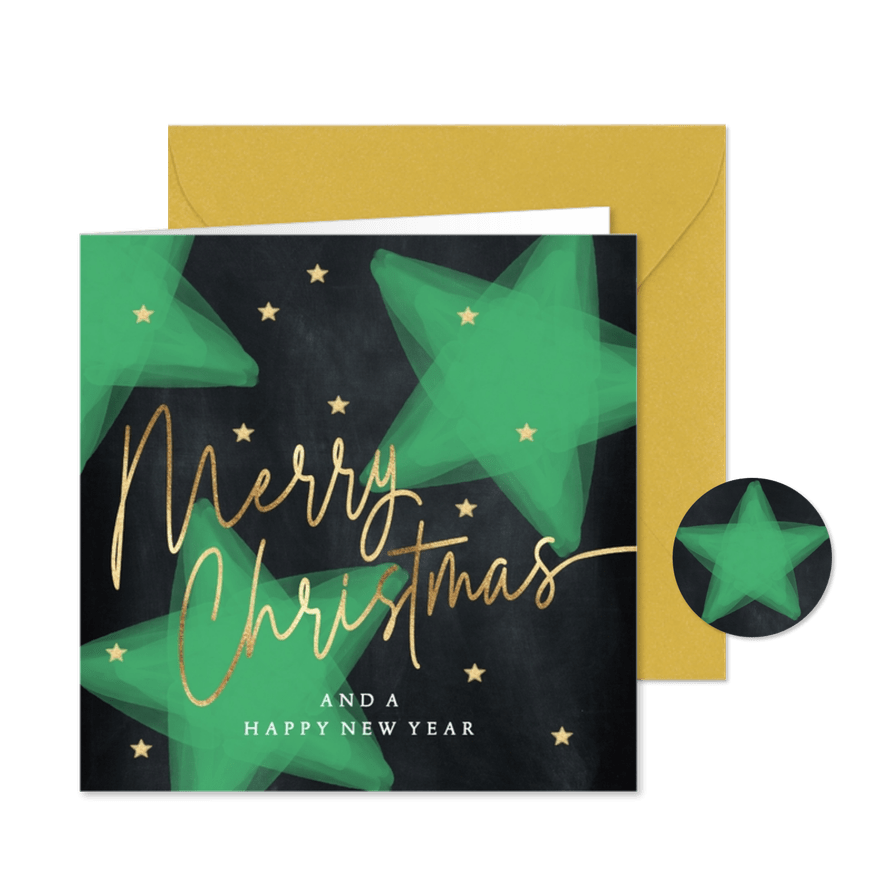 Hippe kerstkaart sterren groen zwart goud - Kaartimpressie