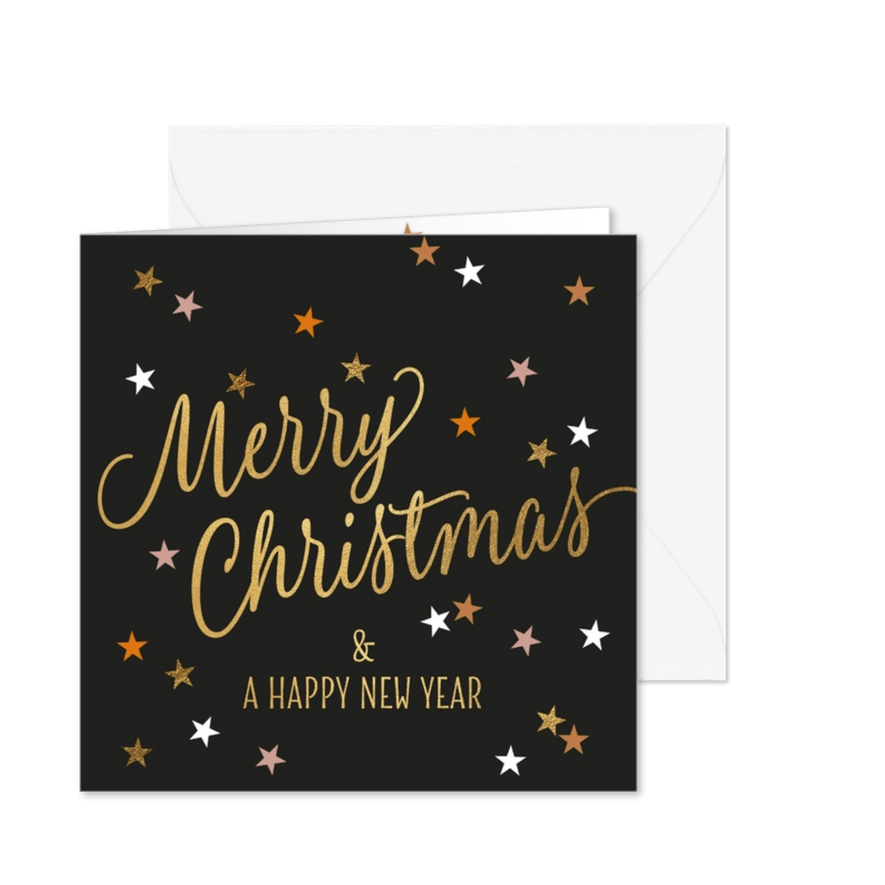 Hippe kerstkaart sterretjes goud oranje roze - Kaartimpressie