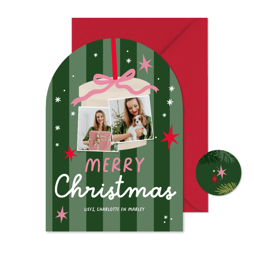 Hippe kerstkaart strepen strikje sterren merry christmas - Kaartimpressie