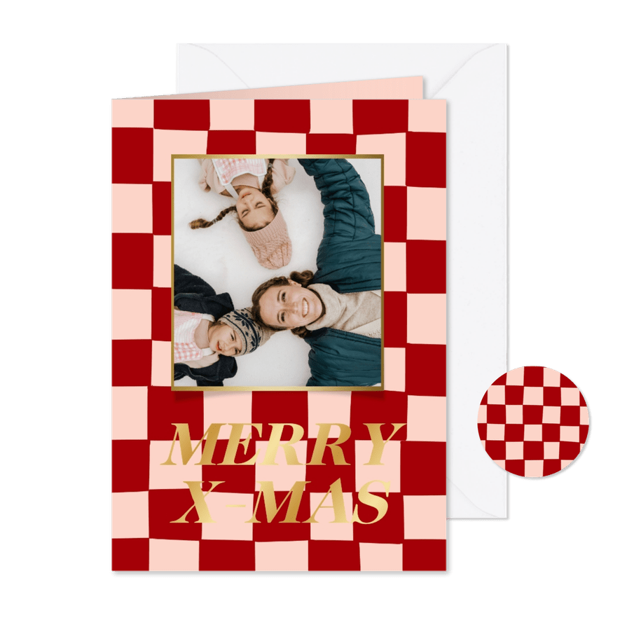 Hippe kerstkaarten met rode blokjes en foto goudfolie - Kaartimpressie