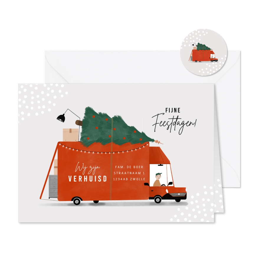 Hippe kerstverhuiskaart rode verhuisbus kerstboom en sneeuw - Kaartimpressie