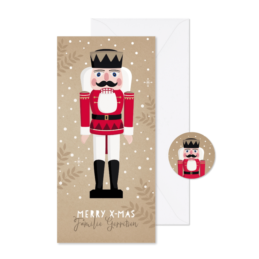 Hippe langwerpige kerstkaart met notenkraker illustratie - Kaartimpressie