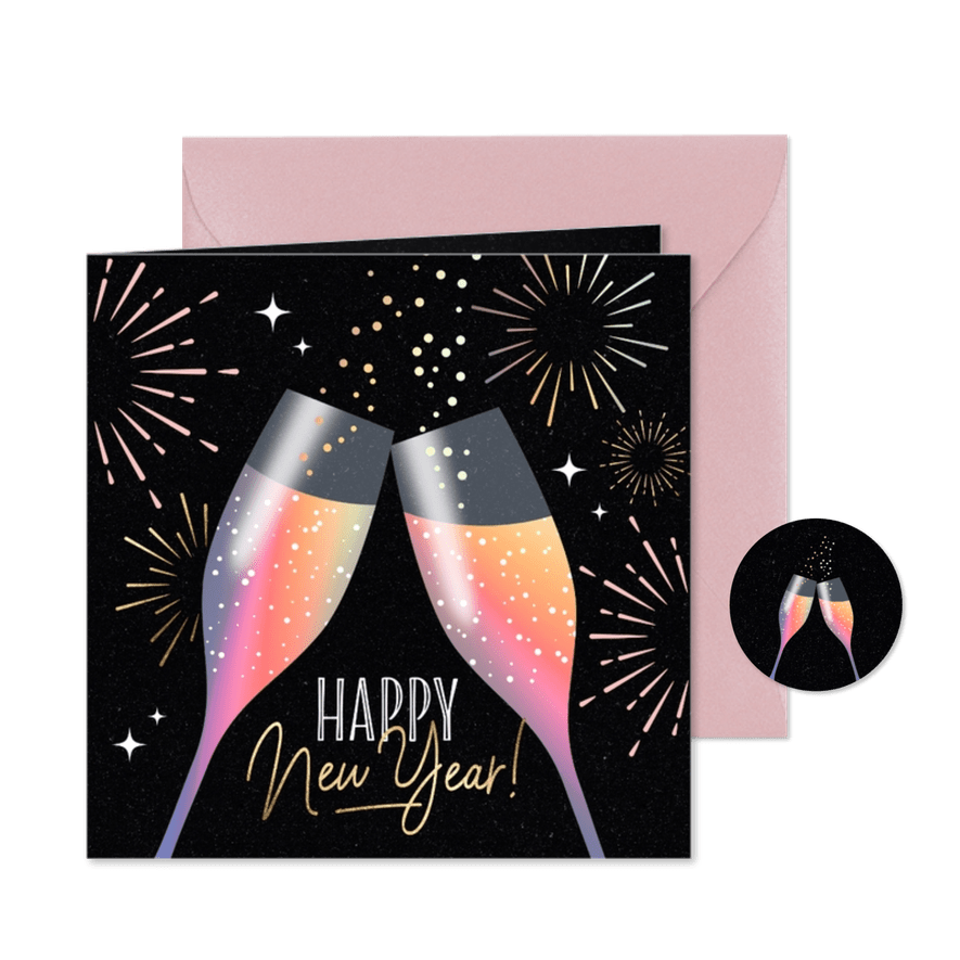 Hippe nieuwjaarskaart champagne glazen vuurwerk - Kaartimpressie