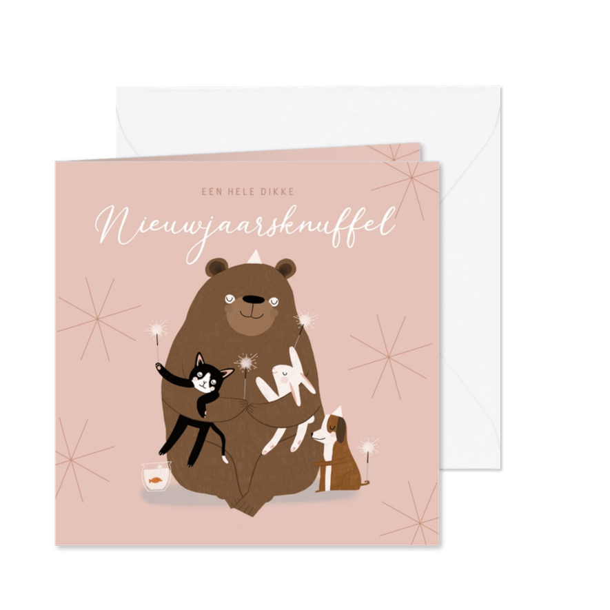 Hippe nieuwjaarskaart dikke knuffel dieren roze illustratie - Kaartimpressie