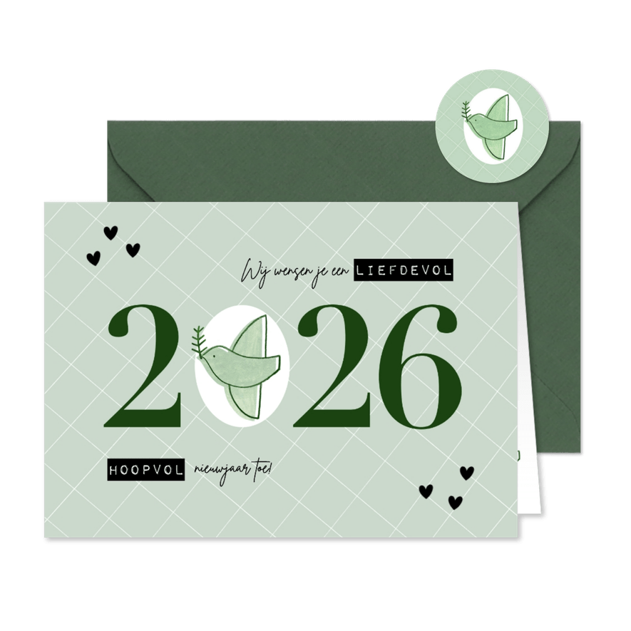 Hippe nieuwjaarskaart duifje liefdevol & hoopvol 2026 - Kaartimpressie