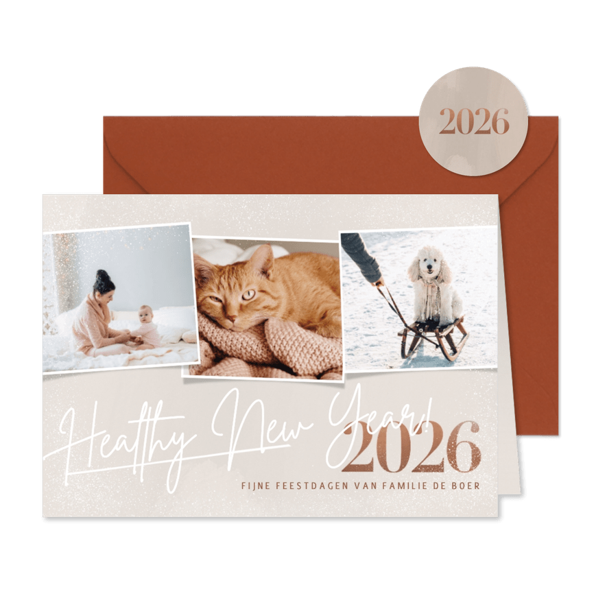 Hippe nieuwjaarskaart foto's healthy new year 2026 op beige - Kaartimpressie
