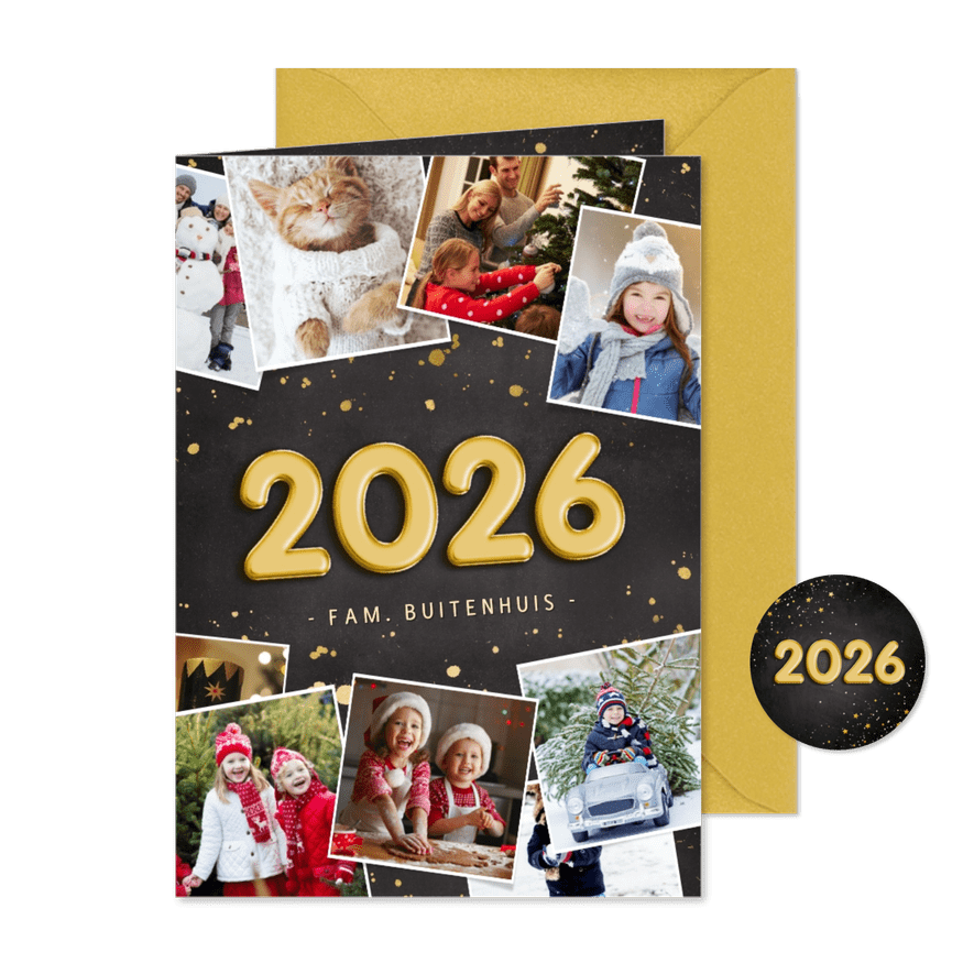 Hippe nieuwjaarskaart fotocollage met jaartal 2026 - Kaartimpressie