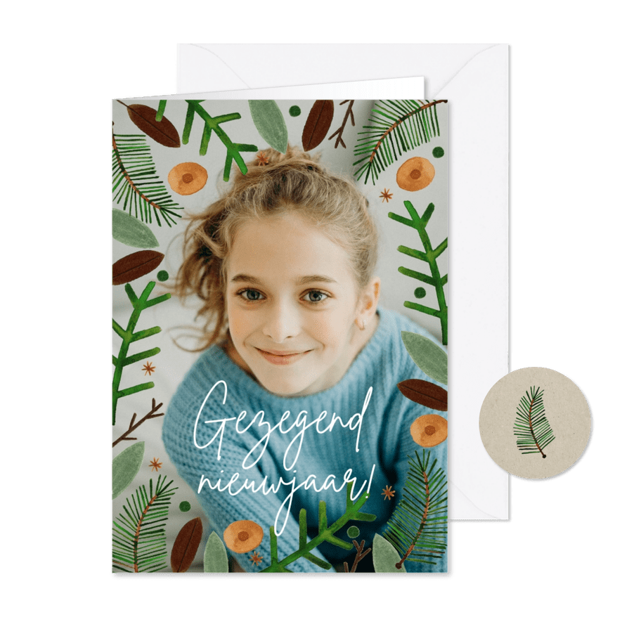 Hippe nieuwjaarskaart gezegend nieuwjaar foto en kerstkrans - Kaartimpressie