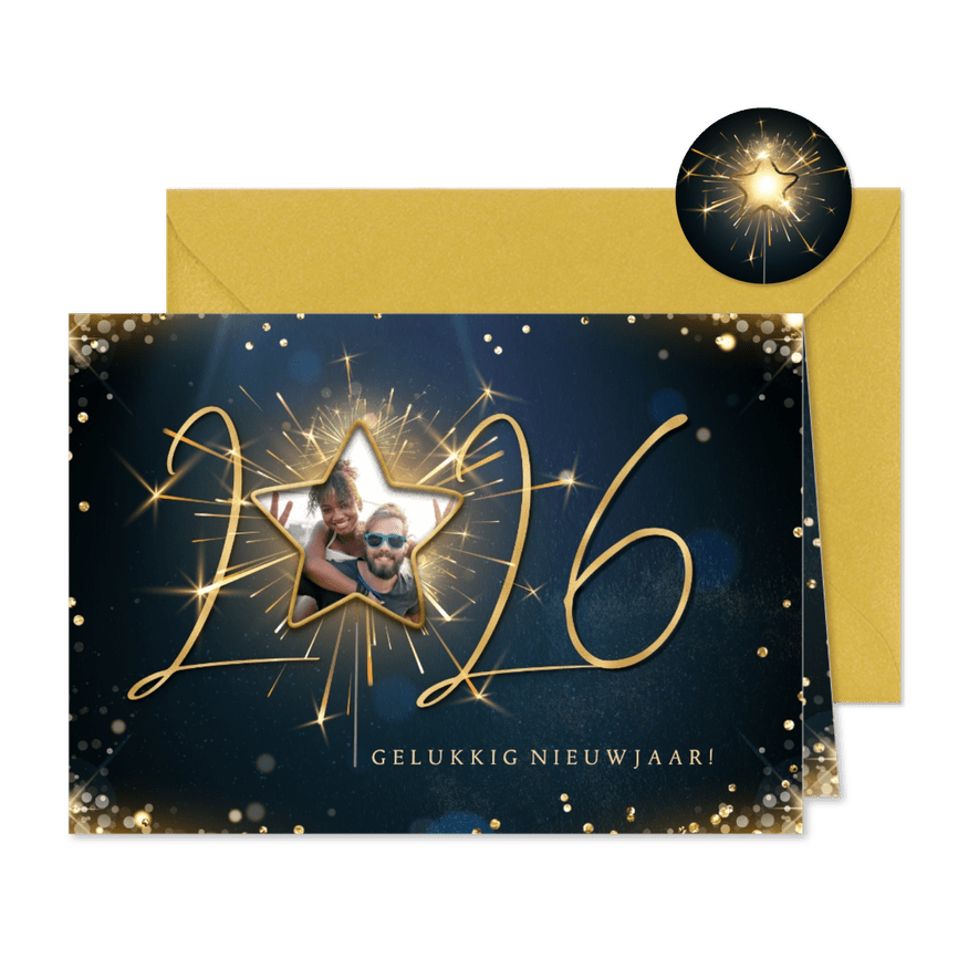 Hippe nieuwjaarskaart goudlook jaartal en stervormige foto - Kaartimpressie