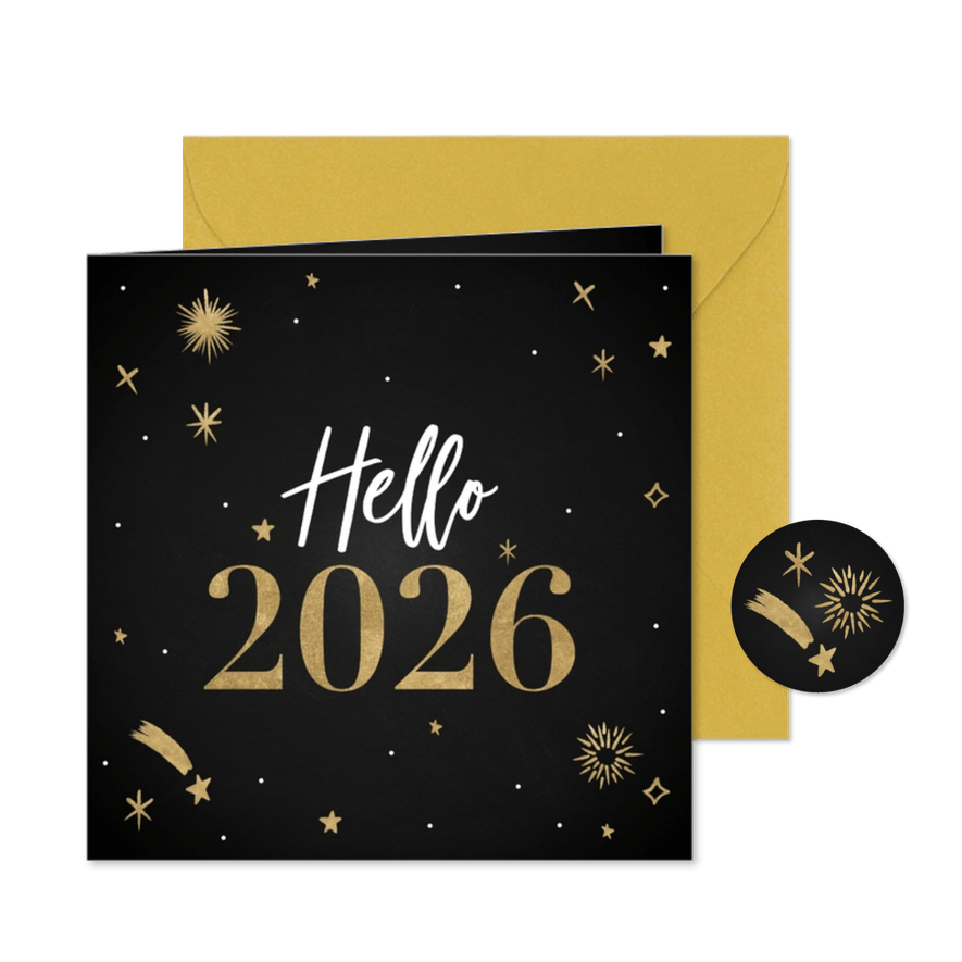 Hippe nieuwjaarskaart Hello 2026 met vuurwerk en sterren - Kaartimpressie