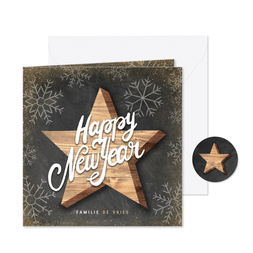 Hippe nieuwjaarskaart houten ster Happy New Year en sneeuw - Kaartimpressie