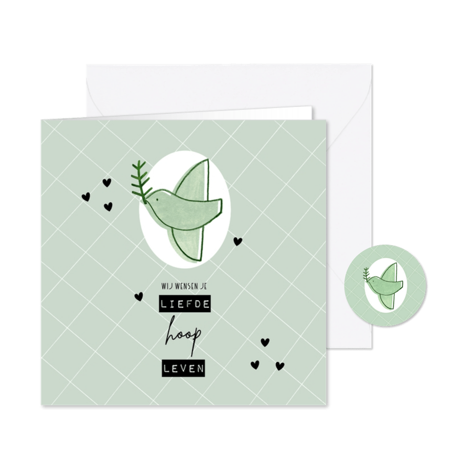 Hippe nieuwjaarskaart liefde hoop leven en duifje mint - Kaartimpressie