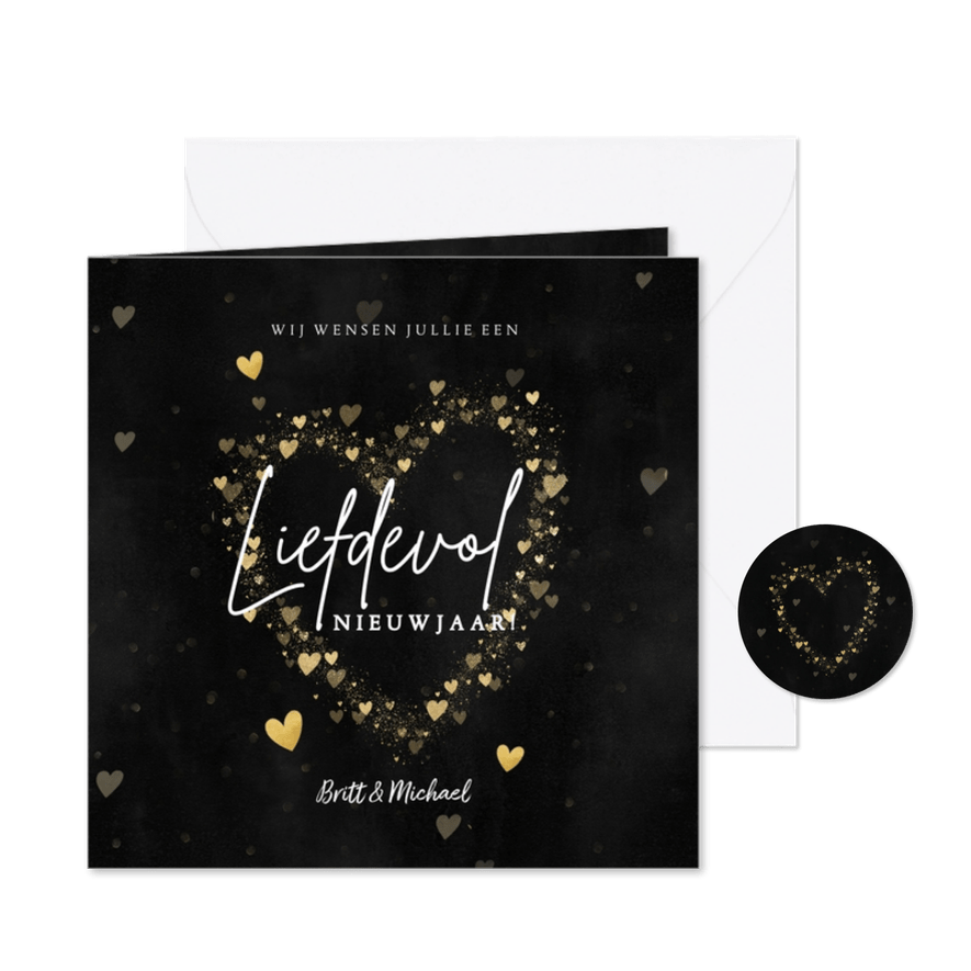 Hippe nieuwjaarskaart Liefdevol Nieuwjaar met hartjes - Kaartimpressie