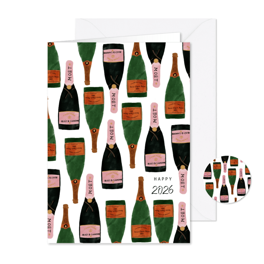 Hippe nieuwjaarskaart met champagneflessen en 2026 - Kaartimpressie