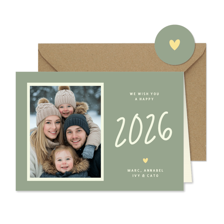 Hippe nieuwjaarskaart met eigen foto en jaartal 2026 - Kaartimpressie