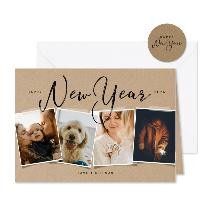Hippe nieuwjaarskaart met fotocollage op papierlook - Kaartimpressie