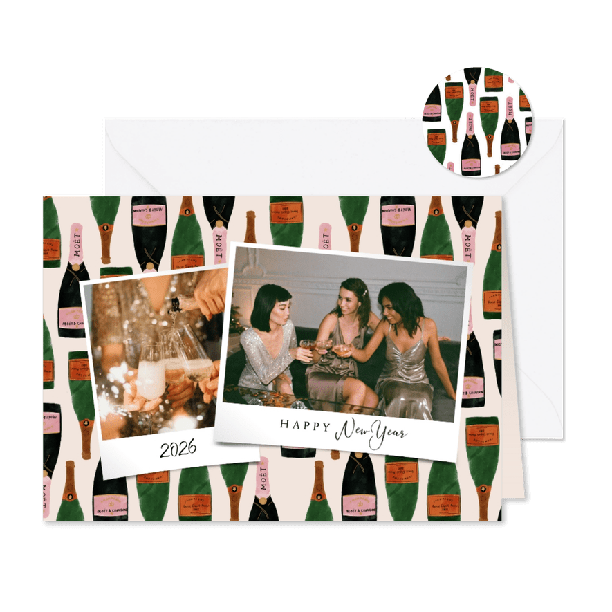 Hippe nieuwjaarskaart met foto's en champagne achtergrond - Kaartimpressie