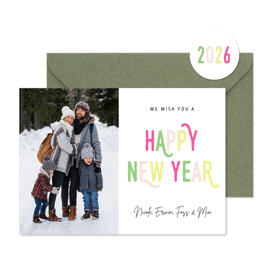Hippe nieuwjaarskaart met gekleurde letters en foto - Kaartimpressie