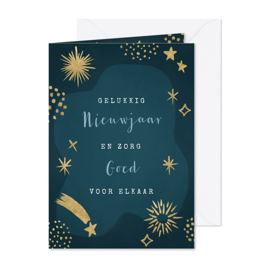Hippe nieuwjaarskaart met gouden vuurwerk en sterren  - Kaartimpressie