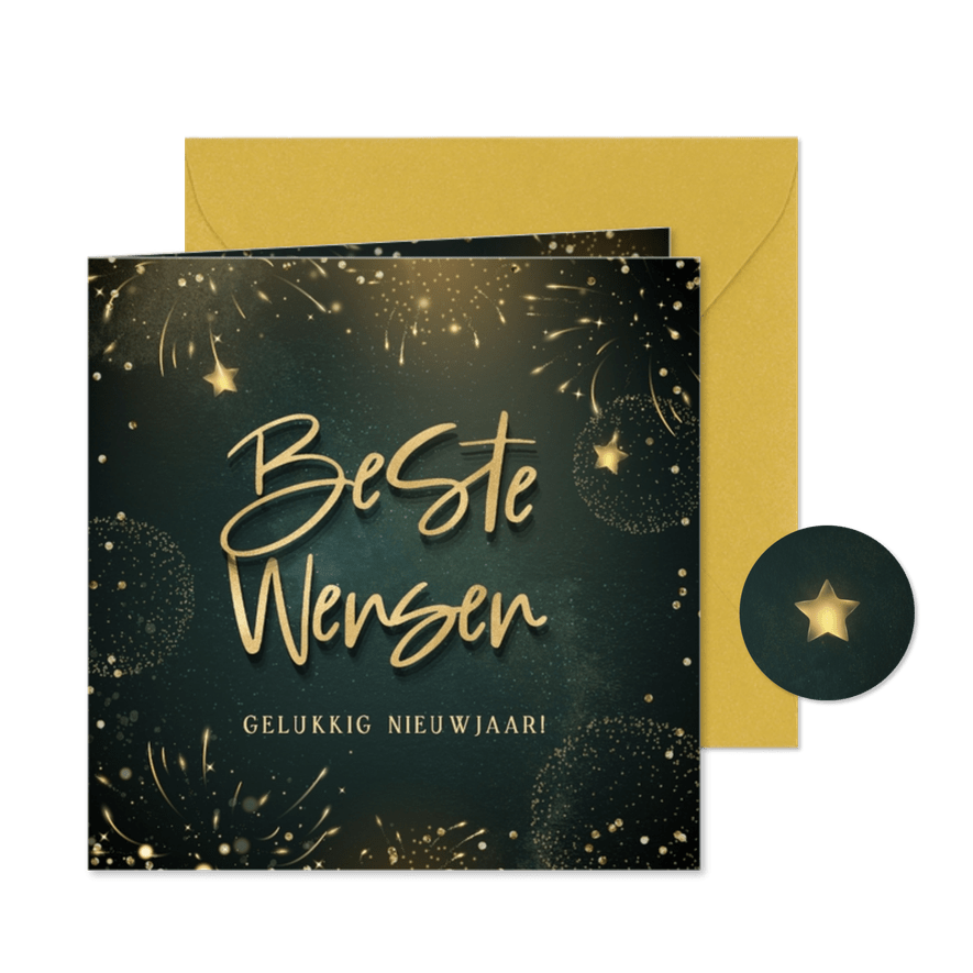 Hippe nieuwjaarskaart met goudlook tekst sterren & vuurwerk - Kaartimpressie