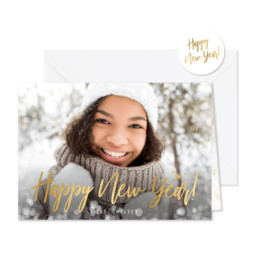 Hippe nieuwjaarskaart met grote eigen foto en sneeuwkader - Kaartimpressie