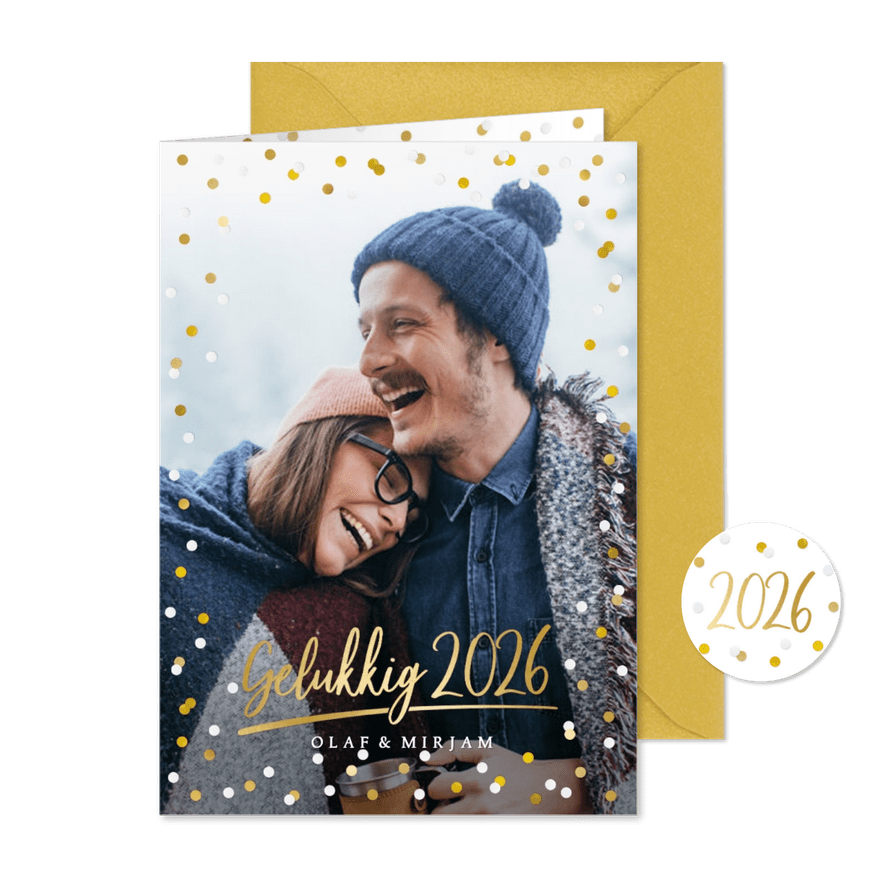 Hippe nieuwjaarskaart met grote foto, 2026 en confetti - Kaartimpressie