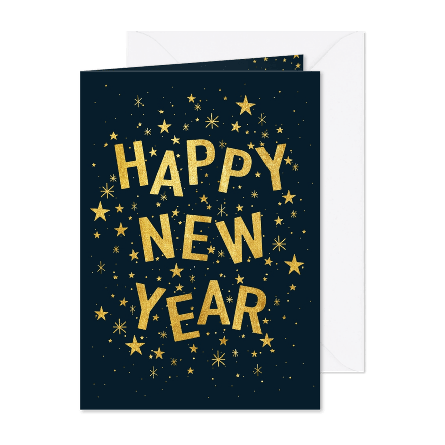 Hippe nieuwjaarskaart met speelse typografie en sterren - Kaartimpressie