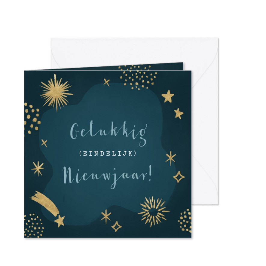 Hippe nieuwjaarskaart met vuurwerk en sterren - Kaartimpressie