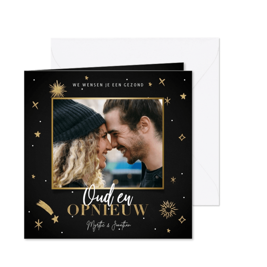Hippe nieuwjaarskaart Oud en Opnieuw sterren en vuurwerk - Kaartimpressie