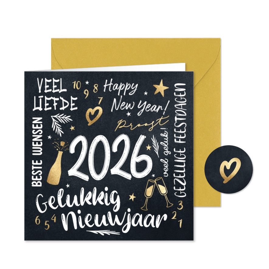 Hippe nieuwjaarskaart zwart wit teksten - Kaartimpressie