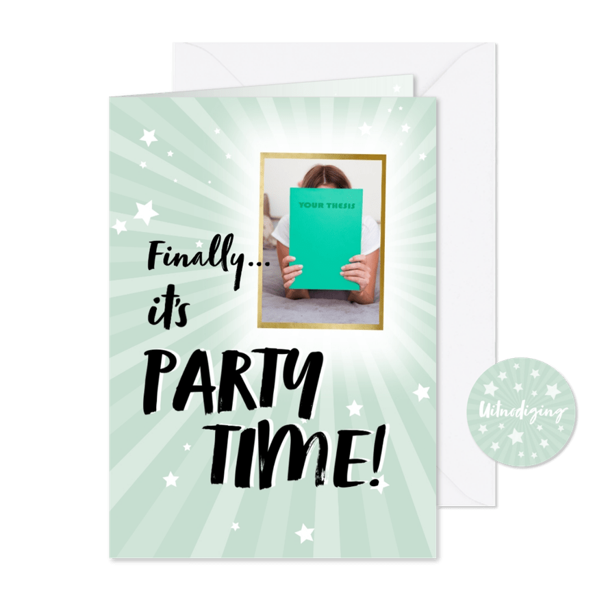 Hippe PhD Promotie Feest Uitnodiging met eigen thesis omslag - Kaartimpressie