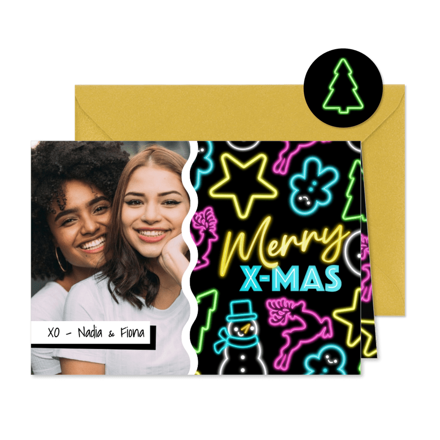 Hippe retro jaren 80 neon kerstkaart met eigen foto  - Kaartimpressie