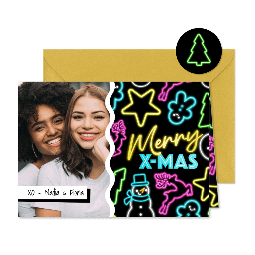 Hippe retro jaren 80 neon kerstkaart met eigen foto - Kaartimpressie