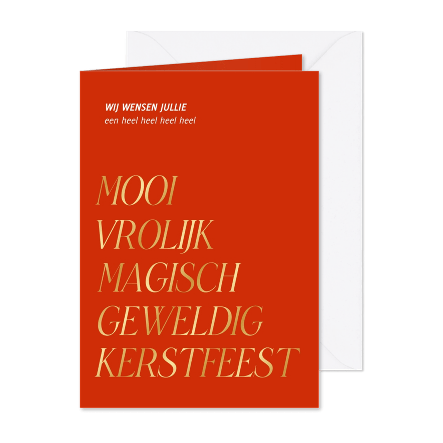 Hippe rode kerstkaart met kerstwensen in goudfolie - Kaartimpressie