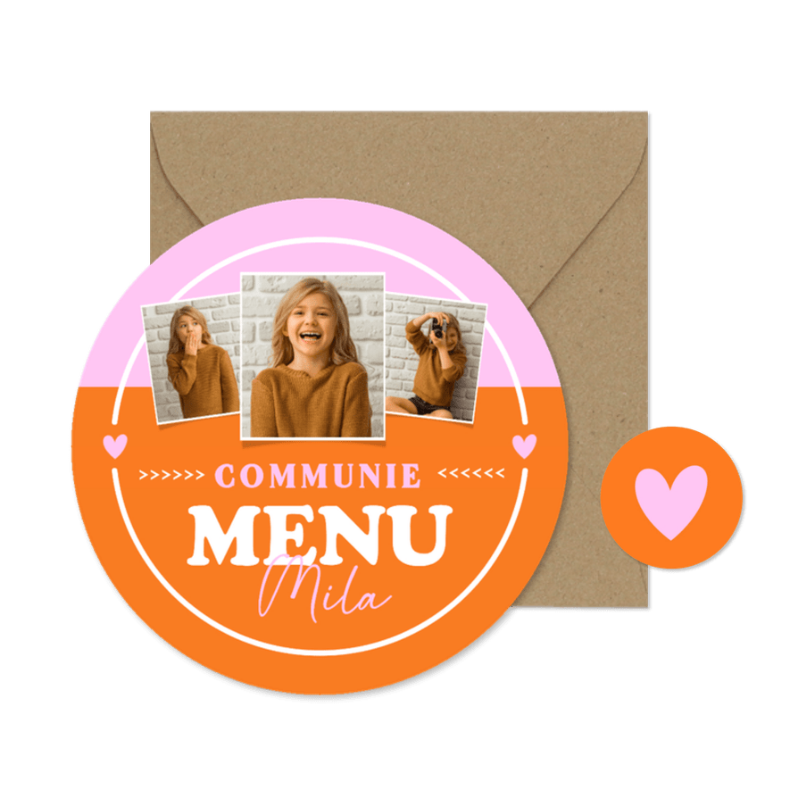  Hippe ronde colorblocking menukaart communie meisje  - Kaartimpressie