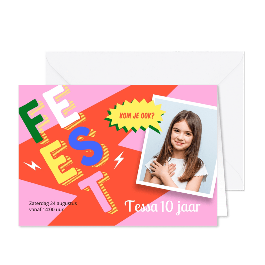 Hippe roze uitnodiging partijtje meisje met foto - Kaartimpressie