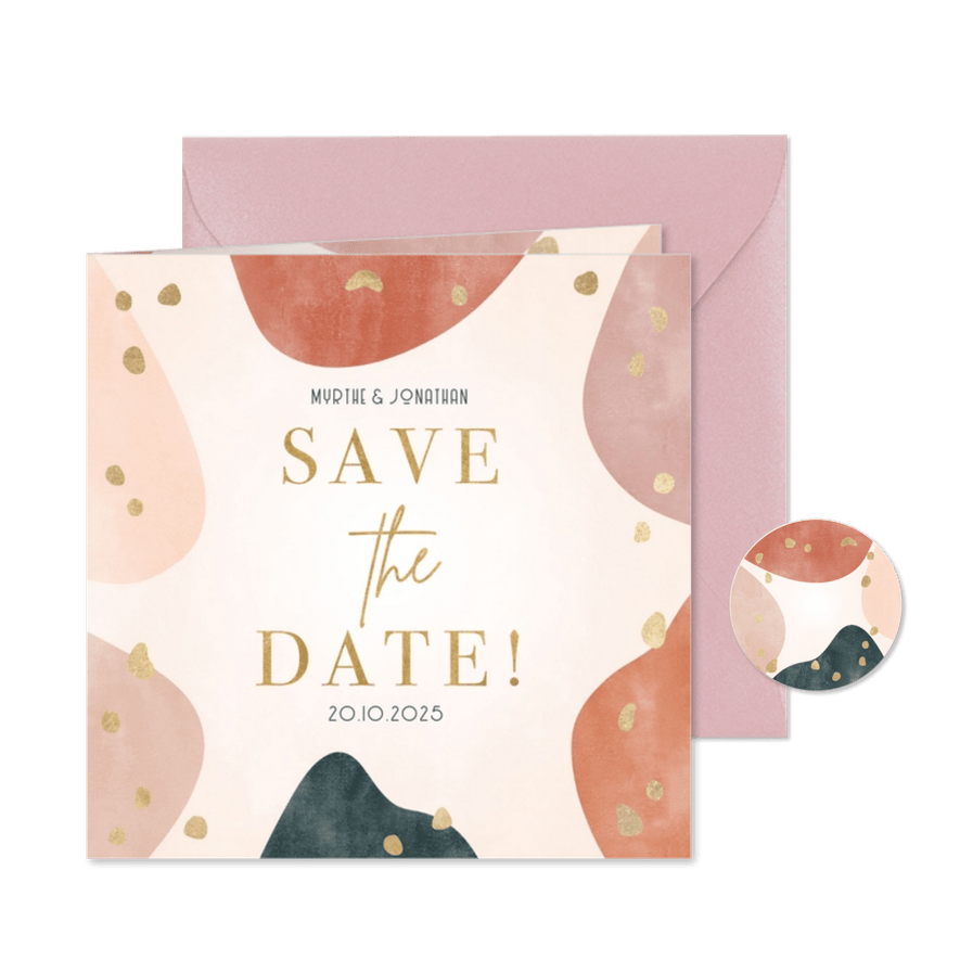 Hippe save the date kaart geometrische vorm, gouden spetters - Kaartimpressie