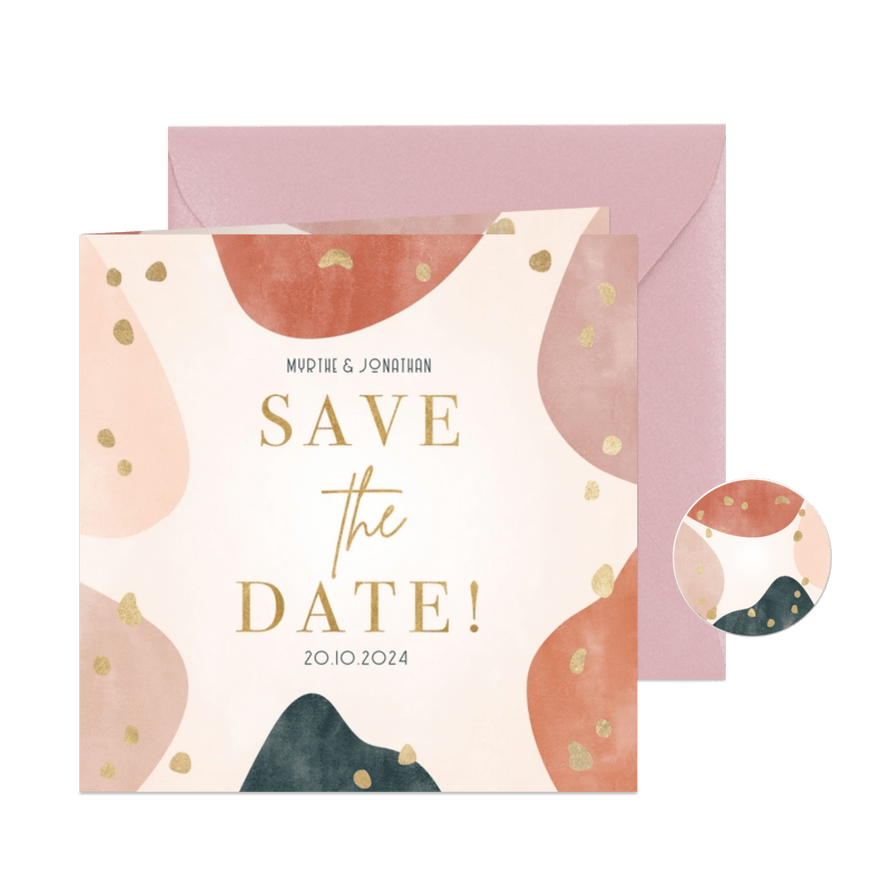 Hippe save the date kaart geometrische vorm, gouden spetters - Kaartimpressie