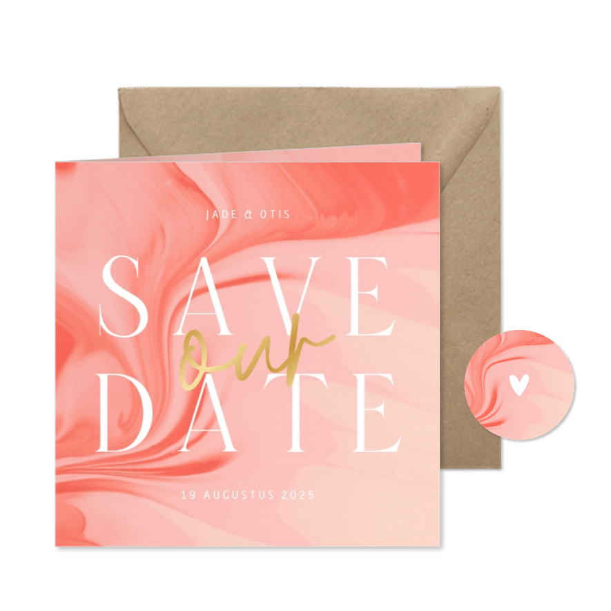 Hippe save the date kaart satijnlook in roze met goudfolie - Kaartimpressie