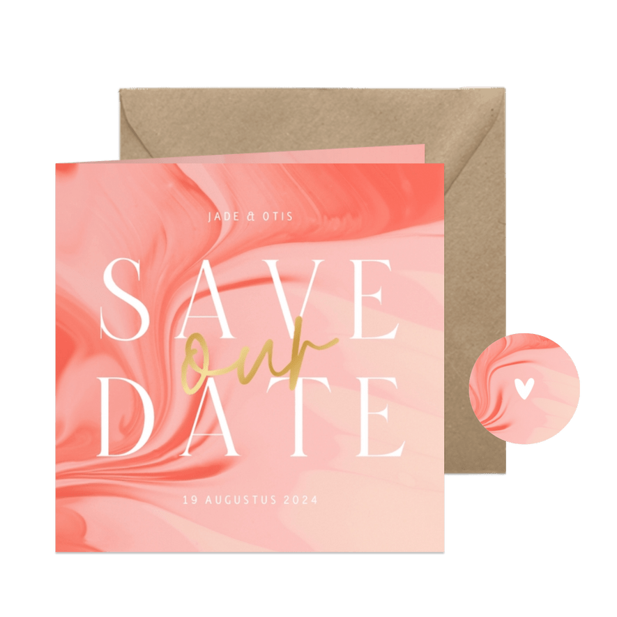 Hippe save the date kaart satijnlook in roze met goudfolie - Kaartimpressie