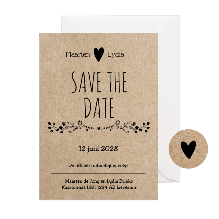 Hippe save the date - kraft look - Kaartimpressie