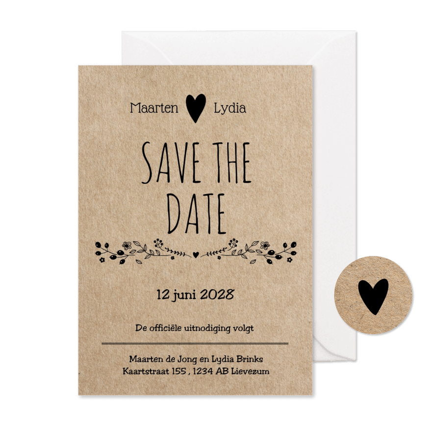 Hippe save the date - kraft look - Kaartimpressie