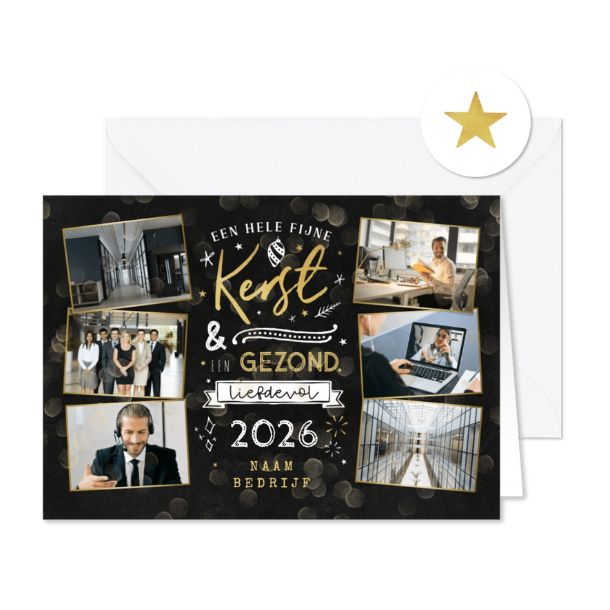 Hippe sfeervolle zakelijke kerstkaart met krijtbord en fotos - Kaartimpressie