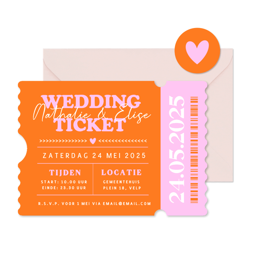 Hippe ticket vorm uitnodiging trouwen met felle kleuren - Kaartimpressie