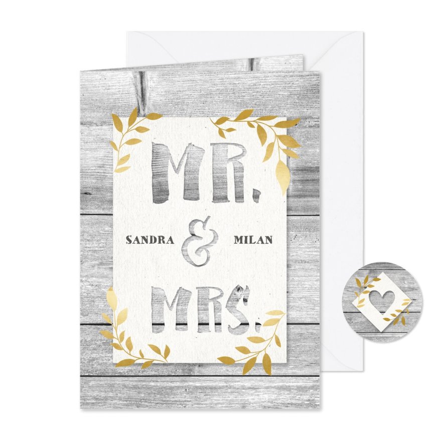 Hippe trouwkaart met hout, papier en gouden takjes - Kaartimpressie