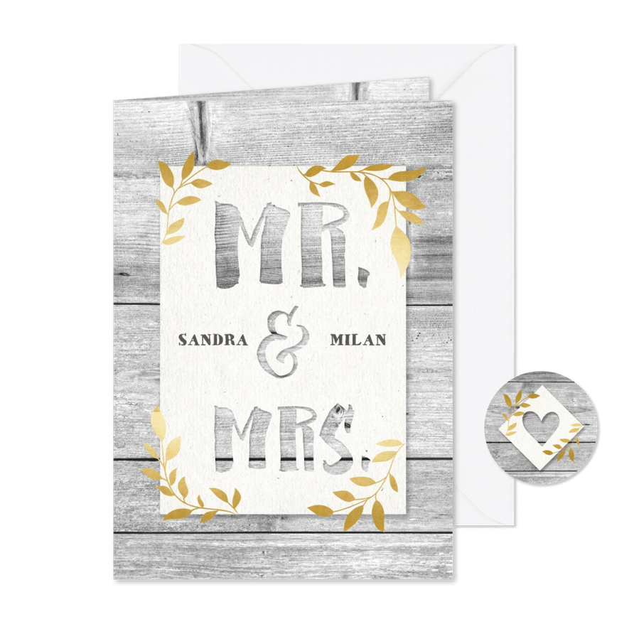 Hippe trouwkaart met hout, papier en gouden takjes - Kaartimpressie