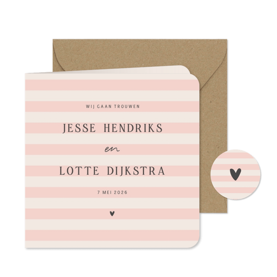 Hippe trouwkaart roze beige gestreept - Kaartimpressie