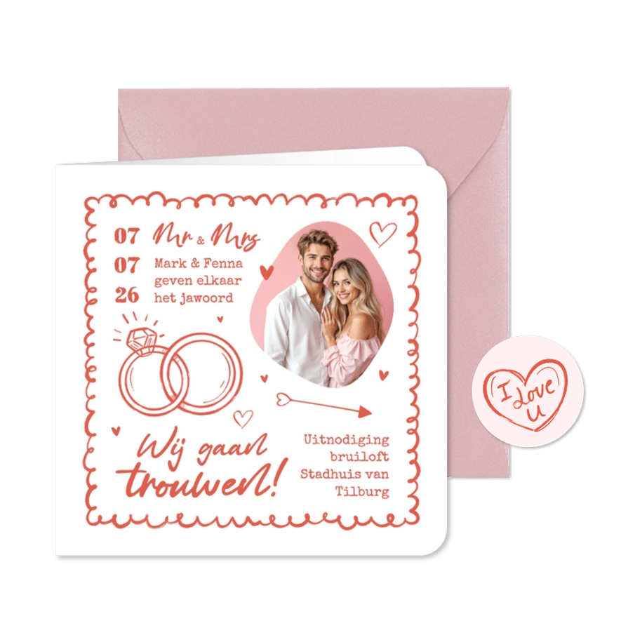 Hippe trouwkaart uitnodiging trouwringen doodle tijdlijn  - Kaartimpressie